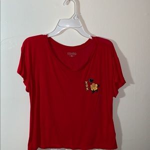 red tee-shirt with yellow and green rose